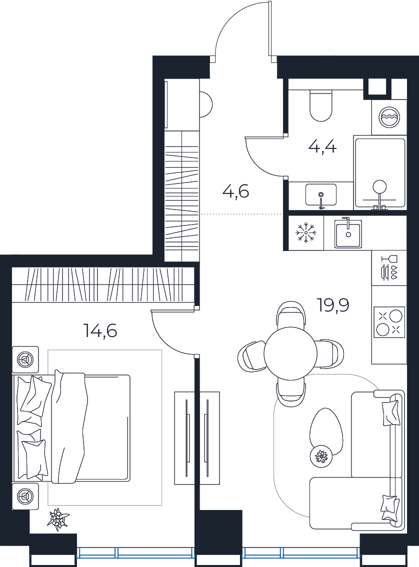 Планировка: 1 спальня, 43,0–44,3 м²